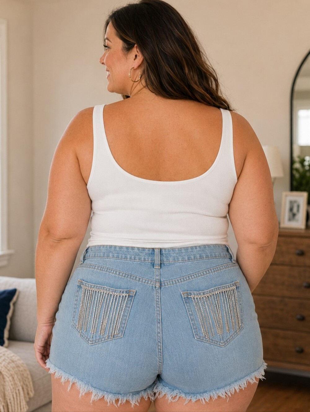Light Wash Denim Cutoff Shorts with Rhinestone Fringe